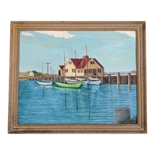 Original Coastal Seascape Harbor and Wharf Painting Signed For Sale