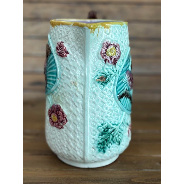 Victorian Antique English Majolica Bird Pitcher With Plum Interior – Victorian Art Pottery Jug For Sale - Image 3 of 10
