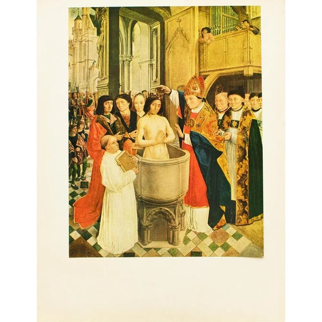 An excellent vintage full-color reproduction print of painting "The Baptism of Clovis" by Master of Saint Gilles. Comes...