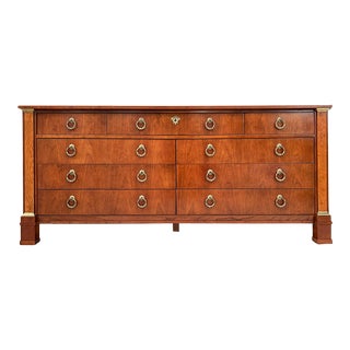 1980s Vintage Baker Furniture Cherry Neoclassical Style Nine Drawer Triple Dresser Chest For Sale