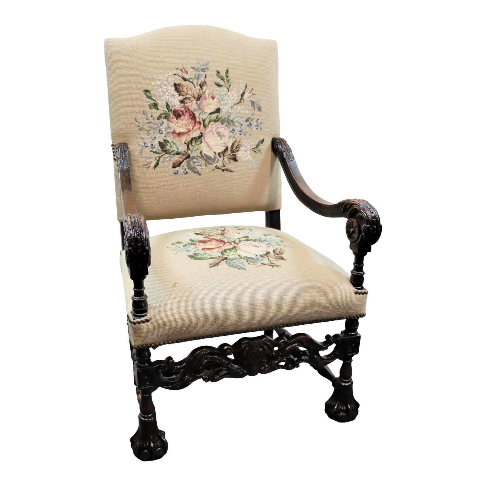 Jacobean Carved Walnut Needlepoint Arm Chair Chairish