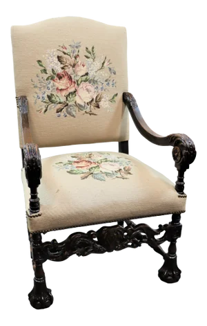 Jacobean Carved Walnut Needlepoint Arm Chair