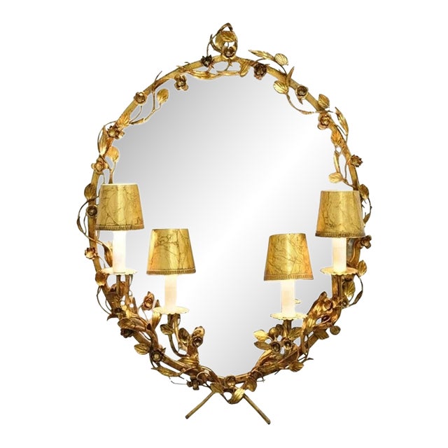 Vintage Italian Hollywood Regency Gold Gilt Iron Floral Wall Sconce Oval Mirror For Sale