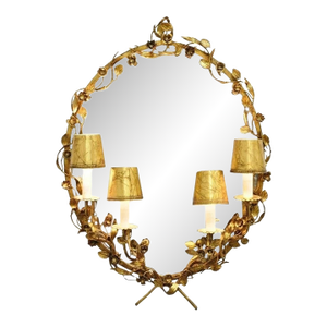 Vintage Italian Hollywood Regency Gold Gilt Iron Floral Wall Sconce Oval Mirror