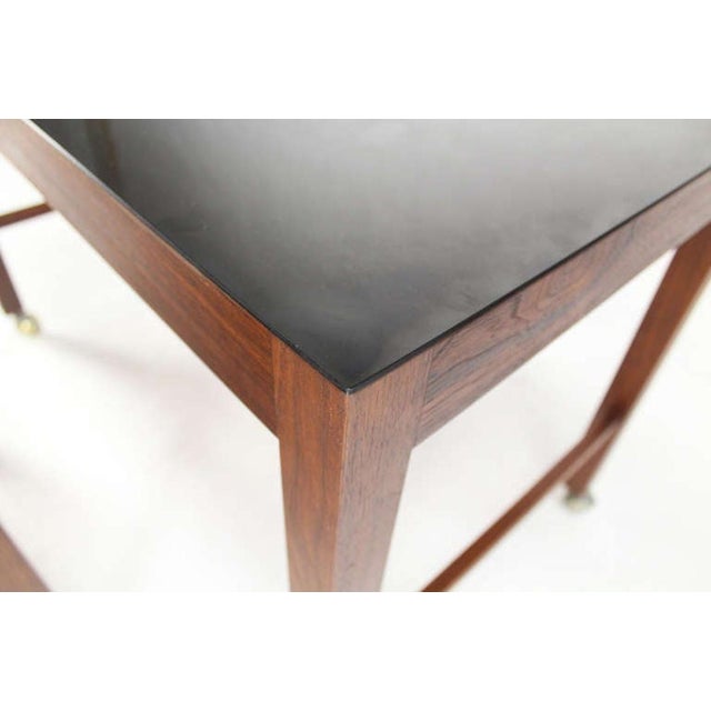 Pair Set Danish Mid Century Modern Walnut Base Black Laminate Nesting Tables on Wheels MINT!