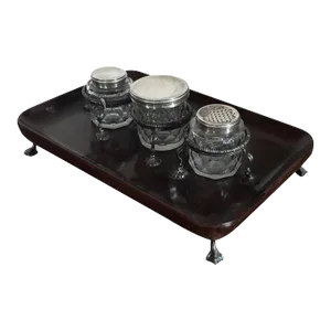 Antique 18th Century George III Mahogany Inkwell Standish With Anglo Irish Diamond Cut Crystal Pots and Silver Lids