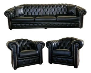 Chesterfield Livingroom Set in Black Genuine Leather, Set of 3