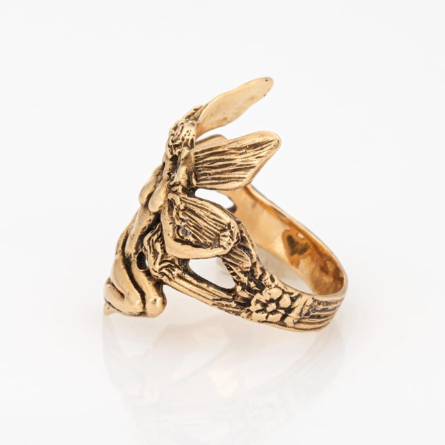Winged Fairy Ring Vintage 14k Yellow Gold Nymph Sz 5 Ethereal Fine Jewelry For Sale - Image 4 of 7