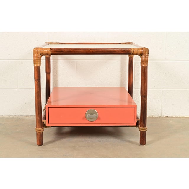 A gorgeous mid-century Hollywood Regency Organic Modern side table or nightstand By John Wisner for Ficks Reed, "Far...