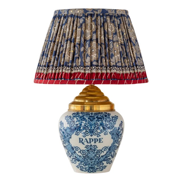 Tichelaar Makkum Delft Blue Tobacco Jar Table Lamp, New Pleated Silk Lampshade For Sale