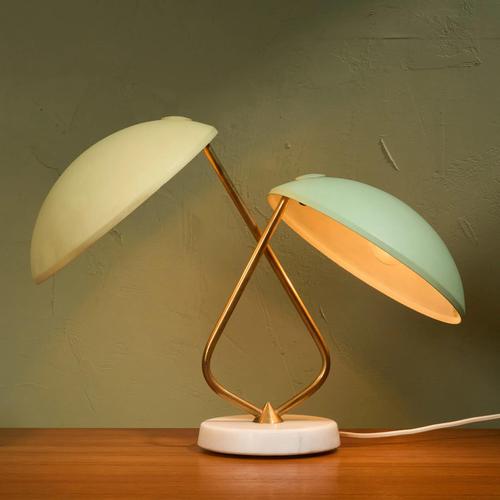 Table Lamp with 2 Shades in Pastel Yellow and Green with Brass Details by Bruno Gatta for Stilnovo, Italy, 1950s For Sale - Image 11 of 11