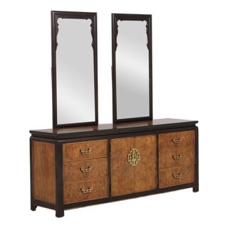 Century Chinoiserie Style Burlwood Dresser W. Mirrors For Sale