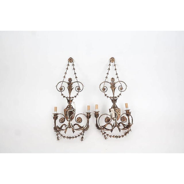 Fine Pair of Lillian August Florentine Italian Tole Style Lighting Sconces For Sale - Image 12 of 15