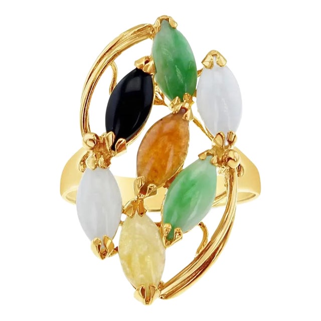 Marquise Shaped Colored Jadeite Ring, Size 6 For Sale