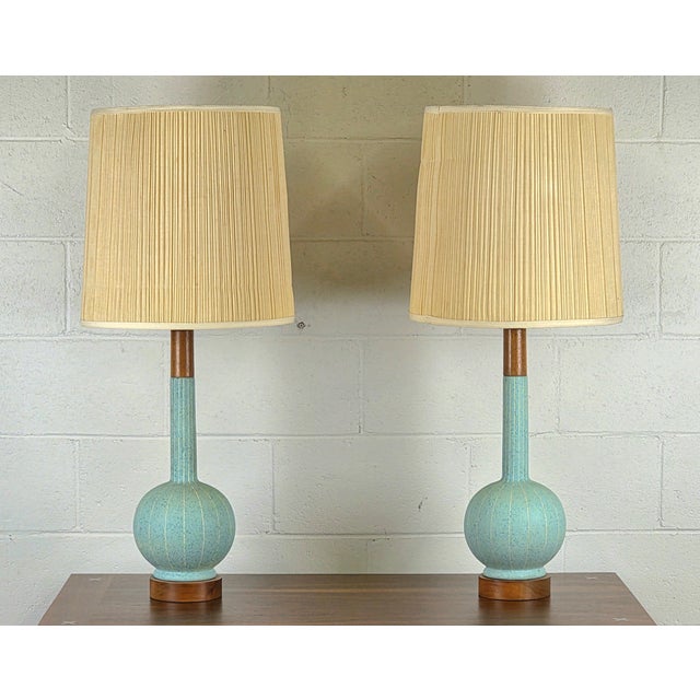 This Pair Of Droolworthy Ceramic & Walnut Mid Century Lamps Are Ready To Light Up Your World! A Soft & Cool Aqua/Tiffany...