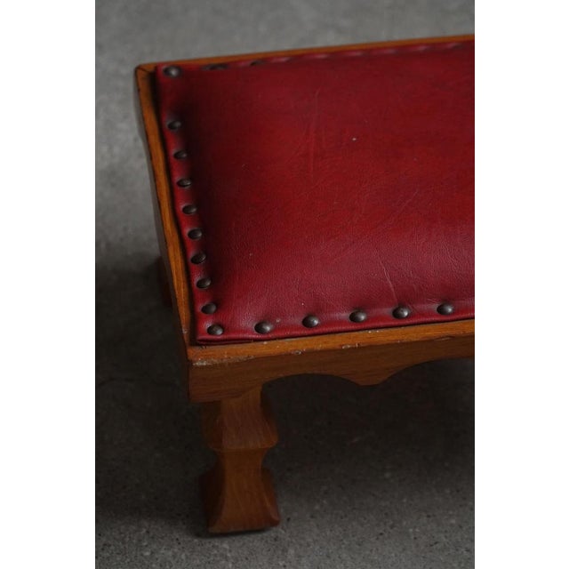 Brown Mid-Century Danish Carved Oak Ottoman with Red Leather Seat, 1950s For Sale - Image 8 of 16