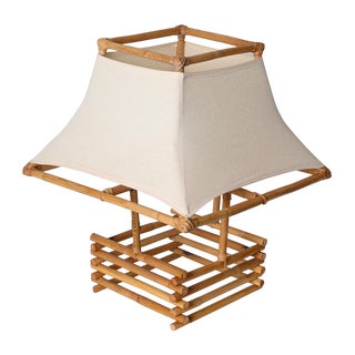 Rattan, Wicker and White Fabric Table Lamp by Louis Sognot, France 1960s For Sale