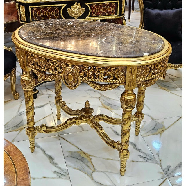 French Louis XVI Style Gold Leaf Coffee Table With Marble Top & Ornate Carved Details For Sale - Image 4 of 5