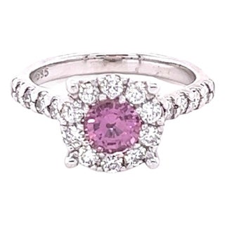1.51 Carat Pink Sapphire Diamond 14 Karat White Gold Engagement Ring, Size 6.5 For Sale