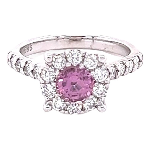 1.51 Carat Pink Sapphire Diamond 14 Karat White Gold Engagement Ring, Size 6.5 For Sale