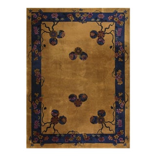 1920s Gold Floral Medallion Chinese Art Deco Carpet 9' X 11' 7" Knotted Wool Rug For Sale