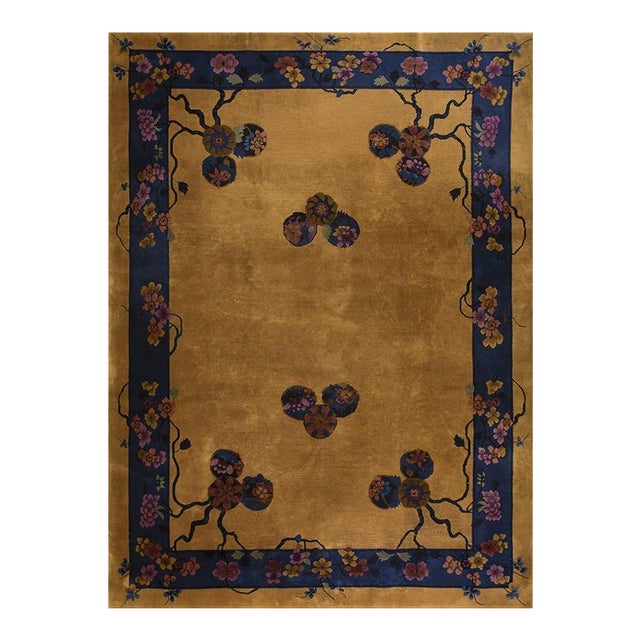 1920s Gold Floral Medallion Chinese Art Deco Carpet 9' X 11' 7" Knotted Wool Rug For Sale