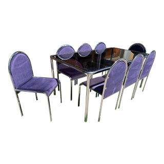 1970s Postmodern Italian Chrome & Glass Dining Table + 8 Chairs For Sale