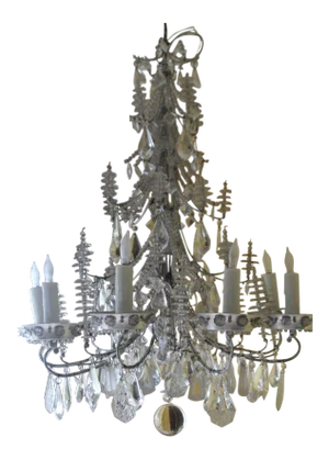 Mid-Century Silvered Steel W/ Cut Crystal & Beaded 8-Light Chandelier =style Bagues