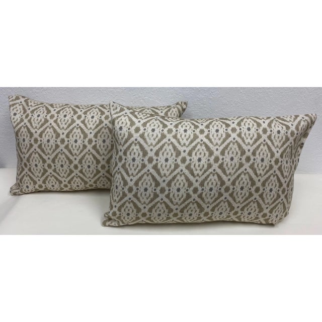 Tan Pair of Large Bolster Pillows With a Classic Geometric Pattern in Tan & Blueish Gray - Made in Uk For Sale - Image 8 of 8