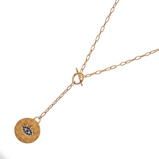 Sapphire Guardian Evil Eye Lariat Gold Necklace For Sale In Miami - Image 6 of 10