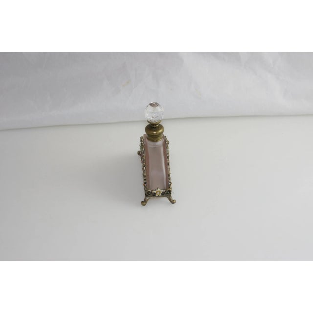 Vintage 1960s Brass Filigree Lavender Glass Jewel & Enamel Footed Perfume Bottle For Sale In West Palm - Image 6 of 10