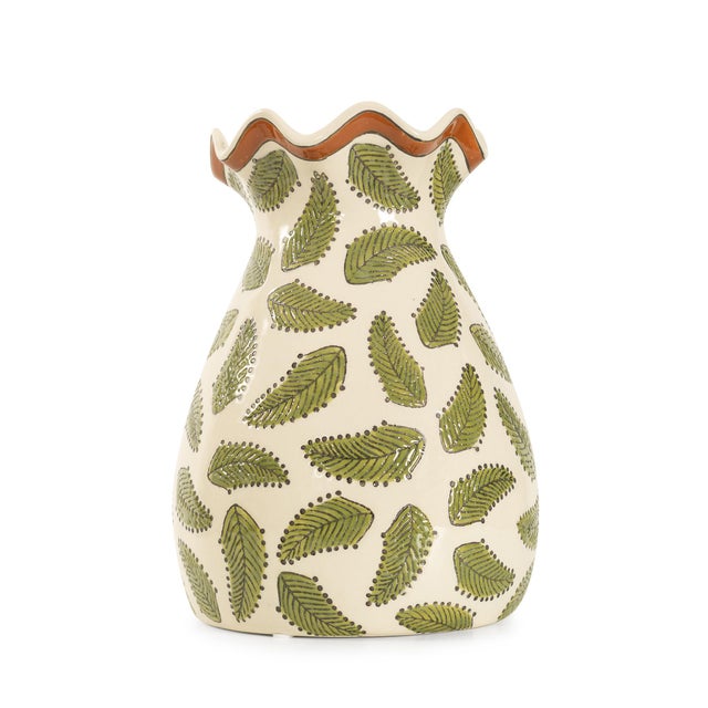 Charming and full of personality, the Darcy Ruffled Edge Vase features a delicate scalloped rim and a hand-painted green...