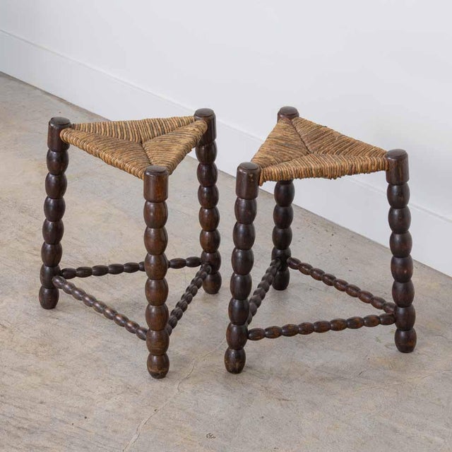 French 1940s Pair of French Bobbin Wood and Woven Stools For Sale - Image 3 of 10