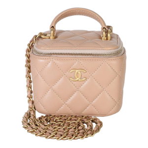 Beige Quilted Lambskin Mini Vanity Case With Chain