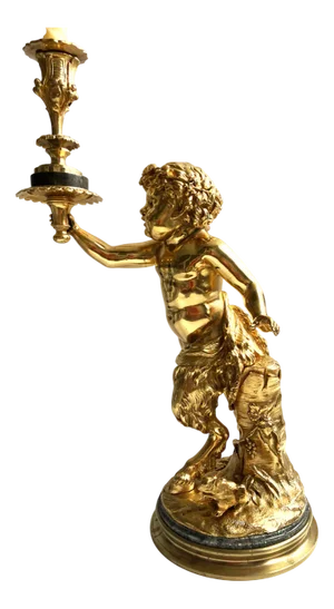 Atypical Gilt Bronze Sculpture of Young Satyr with Torchiere after Clodion, 1800s