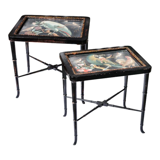 Pair French Drinks Table Faux Bamboo With Painted Birds Under Glass For Sale