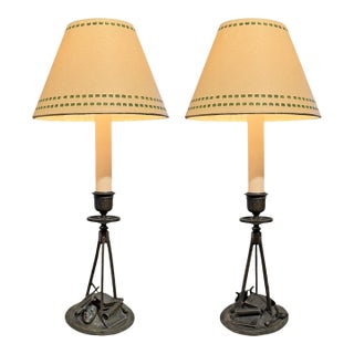 Pair of French Empire Bronze Fine Arts Candlestick Lamps For Sale