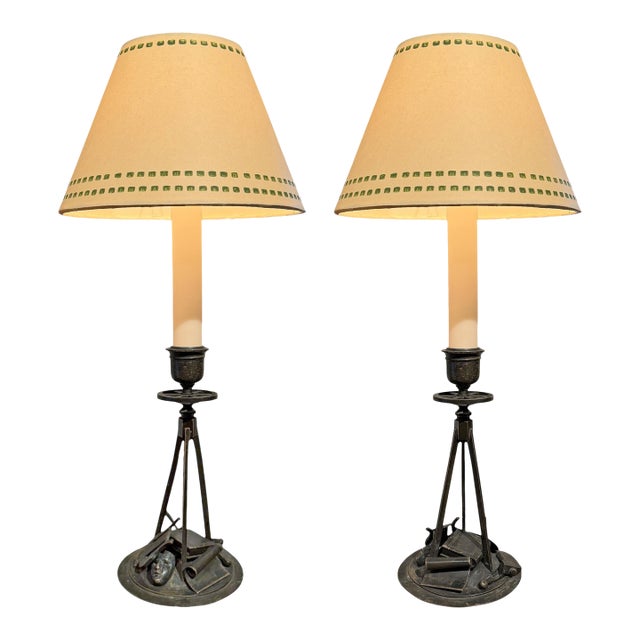 Pair of French Empire Bronze Fine Arts Candlestick Lamps For Sale