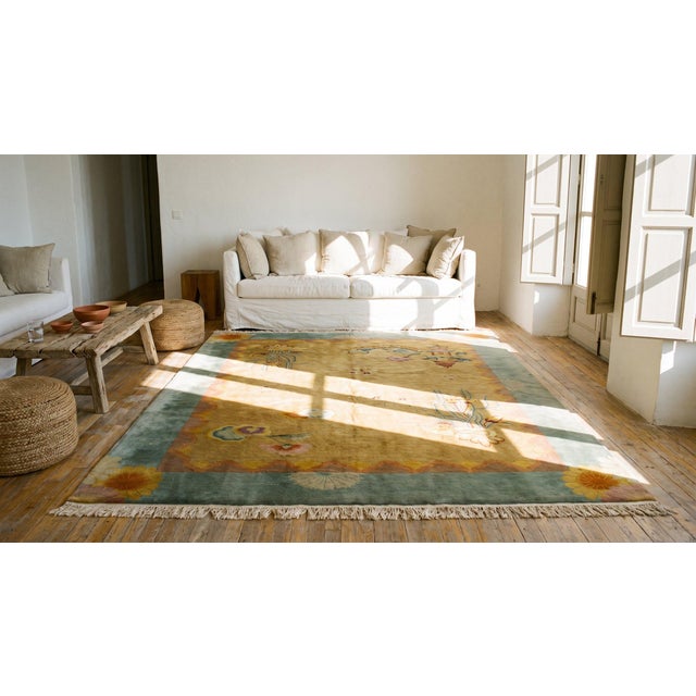 1920s Yellow Saffron Scene Modern Antique Chinese Art Deco Carpet by Nichols Atelier 8'10"x11'3" Knotted Wool Rug For Sale - Image 13 of 15