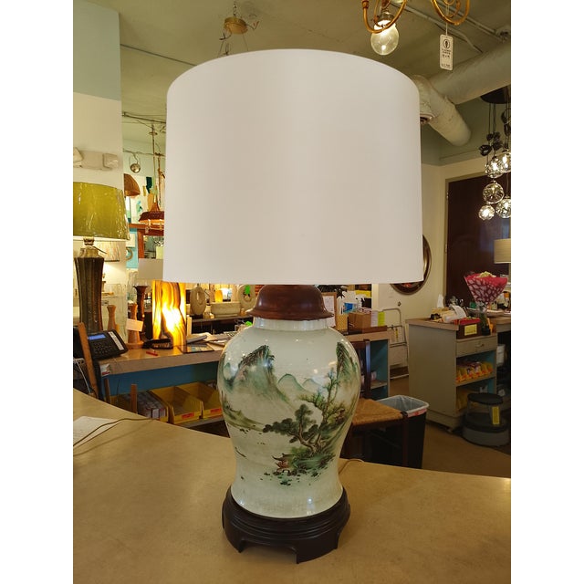 Mid 20th Century Mid 20th Century Large Asian Porcelain Landscape Table Lamp With Calligraphy – Wood Base & Cap For Sale - Image 5 of 5