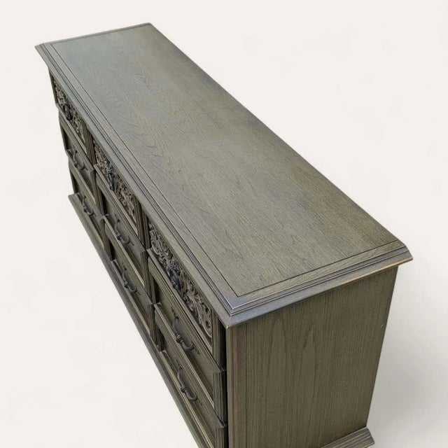 1970s Spanish Revival Carved Wood Nine-Drawer Lowboy Dresser in Olive Green For Sale - Image 10 of 10