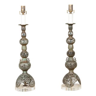 Pair of Asian Mid-Century Bronze Table Lamps with Openwork Decor and LuciteBases For Sale