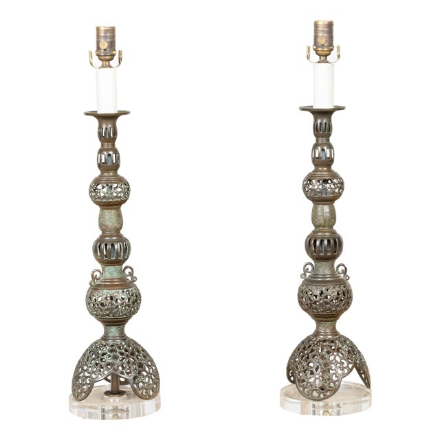 Pair of Asian Mid-Century Bronze Table Lamps with Openwork Decor and LuciteBases For Sale