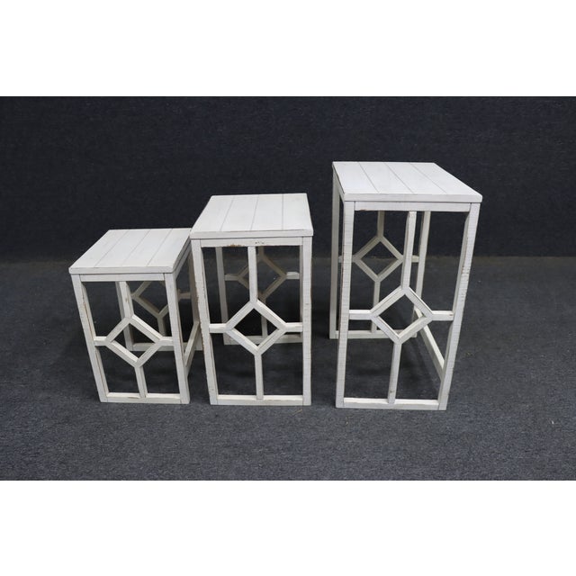 Wood Set of 3 Distressed White Geometric Nesting Tables For Sale - Image 7 of 10
