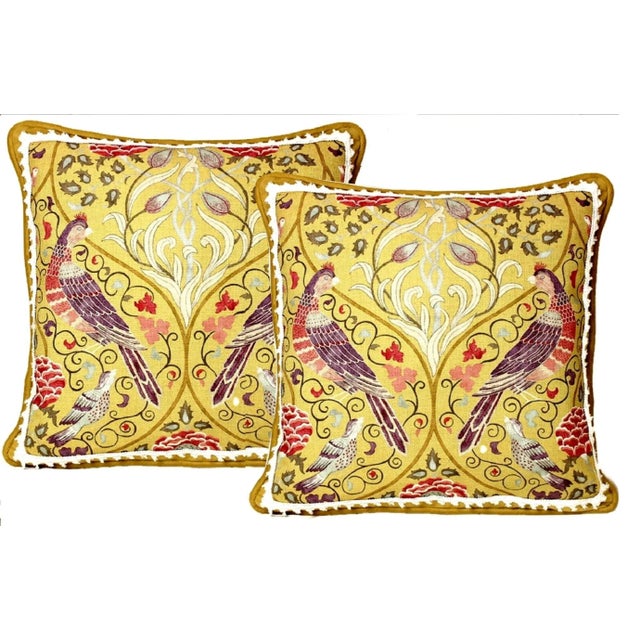 Boho Chic Vintage 1895s Linen & Velvet Bordered Pillow With Fringe Trim and Piping For Sale - Image 3 of 13