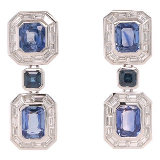 Octagon Sapphire and Diamond Platinum Drop Earrings - Fei Liu, Pair For Sale
