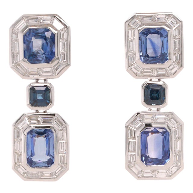 Octagon Sapphire and Diamond Platinum Drop Earrings - Fei Liu, Pair For Sale