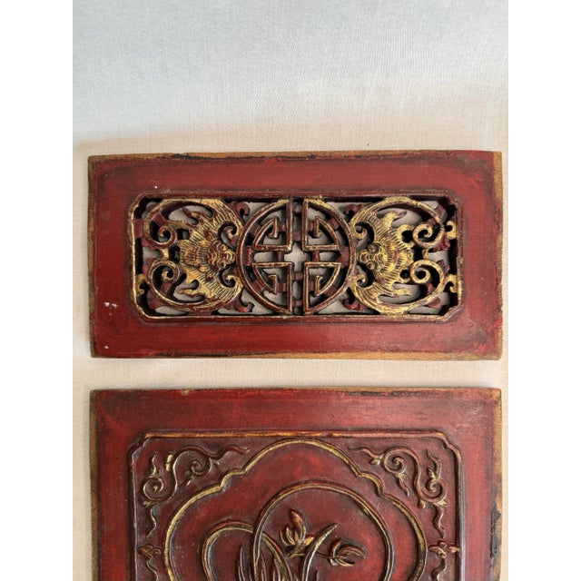Early 20th Century Asian Teak Wood Carved Relief Red & Gold Plaques, Set of 4 For Sale - Image 5 of 10