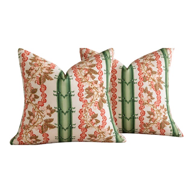 Brunschwig & Fils Josselin in Cypress and Coral 22 Down-Filled Pillows - A Pair For Sale