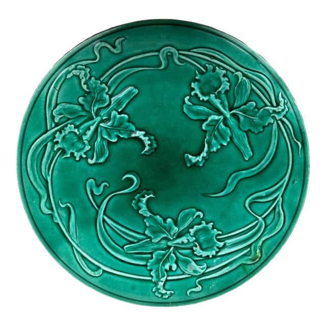 19th Century Green Majolica Orchid Plate Saint Clement For Sale